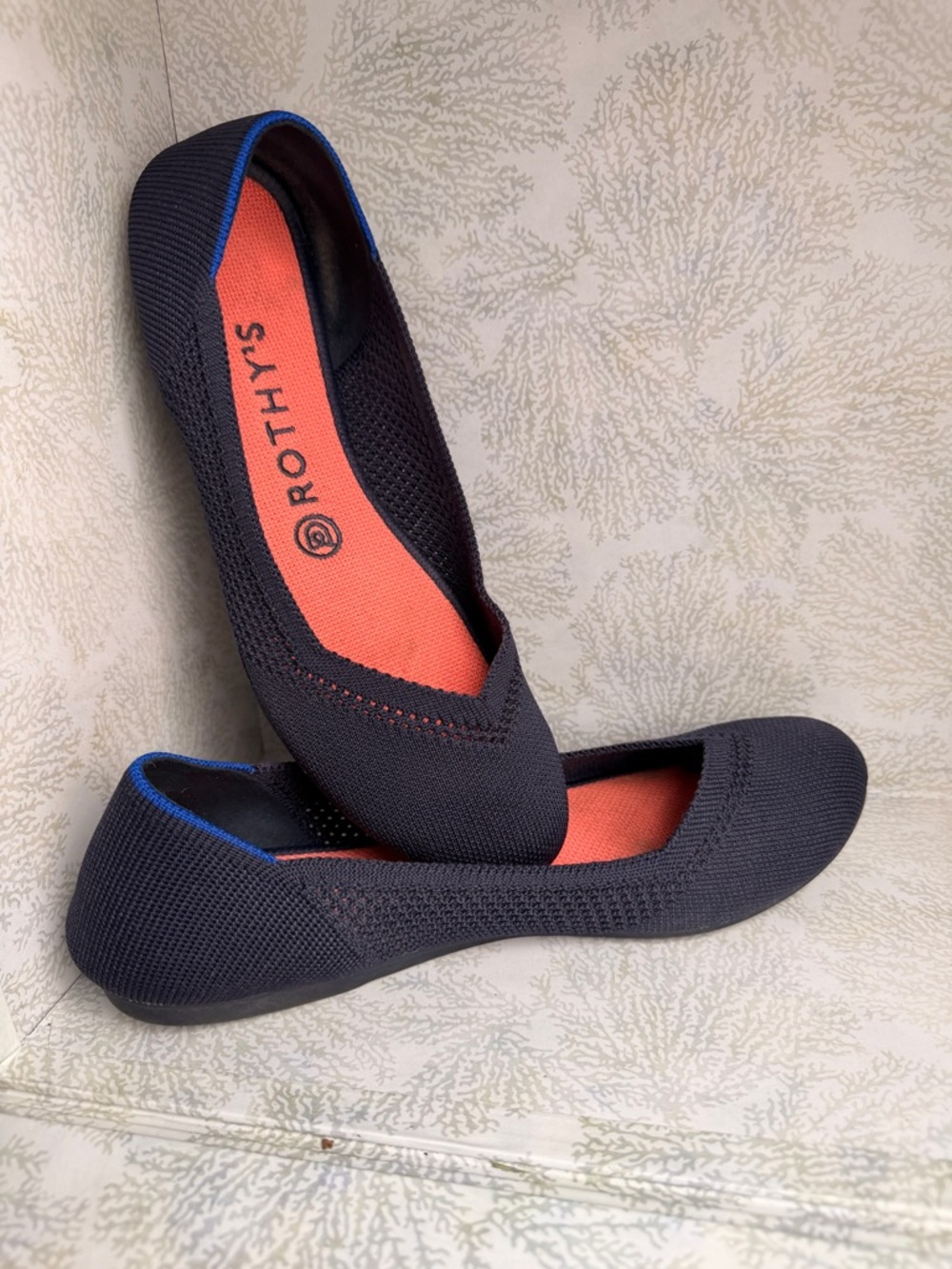 Rothy's Black Knit Ballet Flats with Coral Insole and Blue Trim
